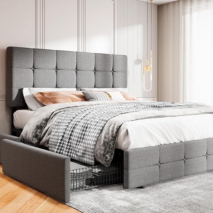 MUTICOR Queen Size Bed Frame with 4 Storage Drawers, Upholstered Platform Bed with Button Tufted Adjustable Headboard, No Box Spring Needed, Easy Assembly, Square Tufted, Light Grey Fabric