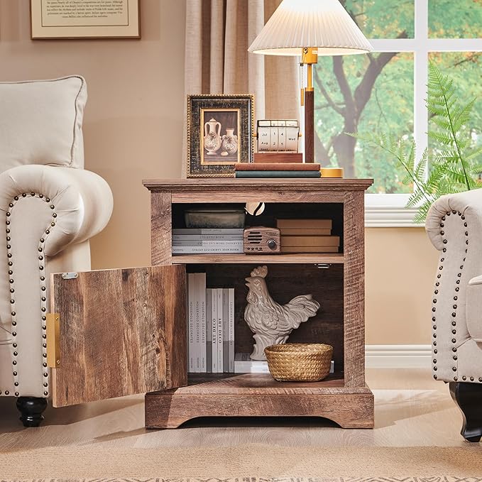 Fluted Nightstand with Charging Station, 22" Large Modern Side Table, Wood End Table w/Open Shelf & Spacious Tabletop, Bedside Table with Storage Space for Bedroom, Living Room (Light Brown)