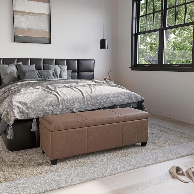BELLEZE Storage Faux Leather Ottoman, 47 Inch Bench Bedroom Bench with Safety Close Hinge, Extra Long Ottoman with Storage for Living Room, Entryway, Foot Rest, Support 300lbs - Rustic Brown