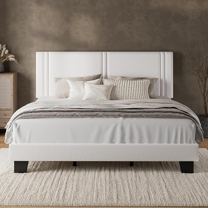 iPormis King Platform Bed Frame with Velvet Upholstered Headboard & Thickened Legs, Mattress Foundation with Solid Wooden Slats Support, No Box Spring Needed, Noise Free, White