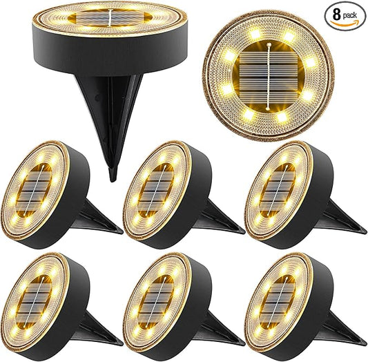 Joomer Solar Ground Lights, 8 Pack 8 LED Solar Lights Outdoor IP68 Waterproof Solar Disc Lights In-Ground Landscape Lighting Outdoor Lights for Patio Pathway Lawn Yard Driveway Walkway (Warm White)