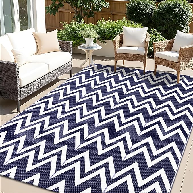 OLANLY Waterproof Outdoor Rug 5x8 ft Clearance, Reversible Outdoor Plastic Straw Rug, RV Mat, Indoor Outdoor Carpet for Patio, Camping, Balcony, Deck, Backyard, Navy & White