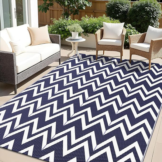 OLANLY Waterproof Outdoor Rug 5x8 ft Clearance, Reversible Outdoor Plastic Straw Rug, RV Mat, Indoor Outdoor Carpet for Patio, Camping, Balcony, Deck, Backyard, Navy & White