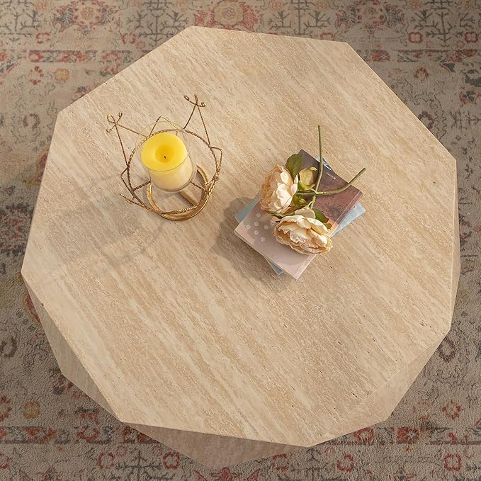 WILLIAMSPACE 37.4" Drum Coffee Table with Mars Pattern for Living Room, Modern Farmhouse Wood Center Table with Faceted Diamond, Mid Century End Side Table for Apartment, 37.4" x 35.83" x 16.14"H