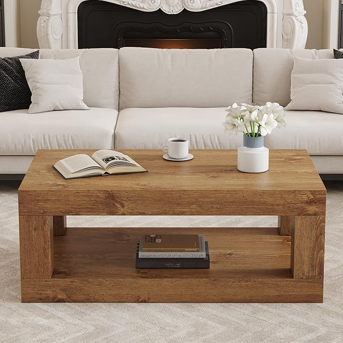 39.37" Coffee Table with Storage, 2-Tier Mid Century Rectangular Accent Table with Thick Tabletop, Rustic Style Cocktail, Center Table for Living Room, Office, Apartment (Natural Wood)