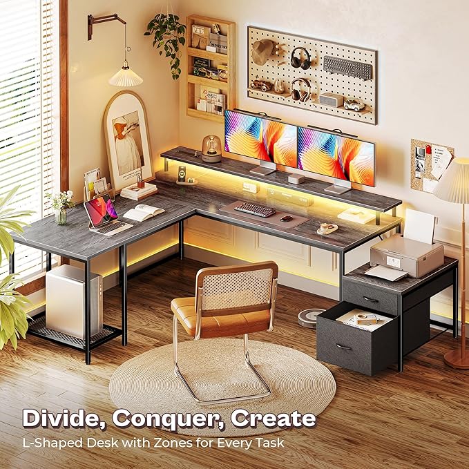 PRAISUN 66 Inch L Shaped Computer Desk with Power Outlets and LED Lights, Home Office Desk with Fabric Drawers and Print Stand, L Shape or Long Set up, Monitor Stand, Mesh CPU Stand, Grey