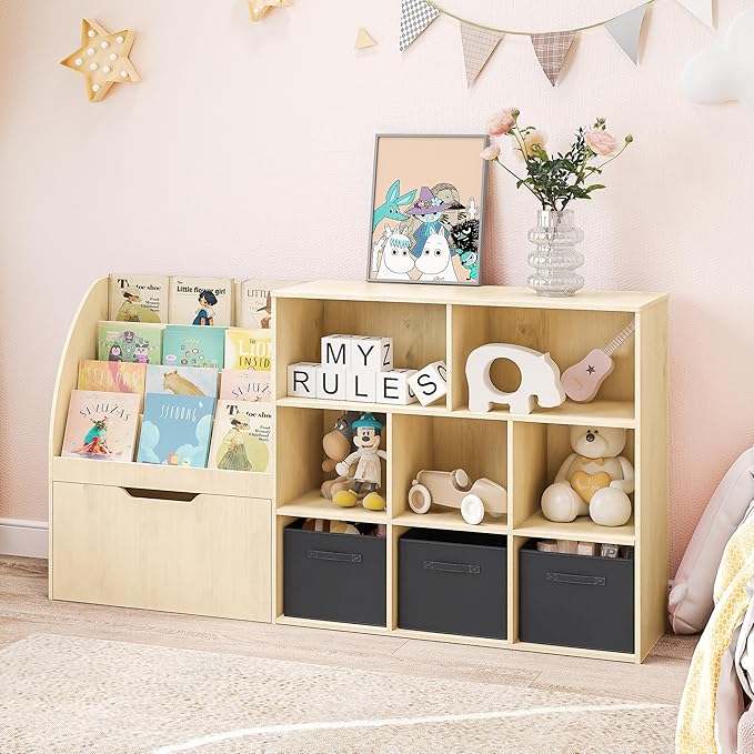 Kids Bookshelf and Toy Storage, Toy Storage Organizers with Movable Drawers & 3 Storage Bins, Kids Reading Nook Toy Organizers Shelf with 5 Cubbies, Natral Wood