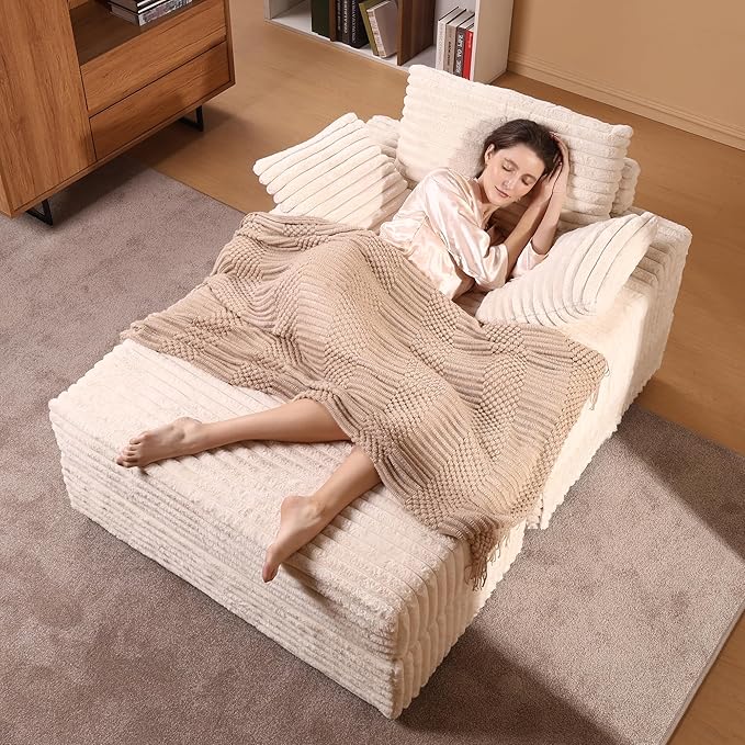 Garvee Oversized Chaise Lounge Chair Indoor with Storage Ottoman, Upholstered Corduroy Sofa Bed Cloud Couch with 3 Pillows, Single Sleeper Sofa Chair for Living Room, Bedroom