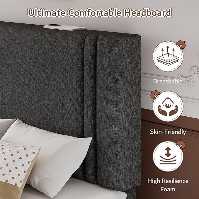 iPormis Twin Platform Bed Frame with Fabric Upholstered Headboard & Thickened Legs, Mattress Foundation with Solid Wooden Slats Support, No Box Spring Needed, Noise Free, Dark Grey