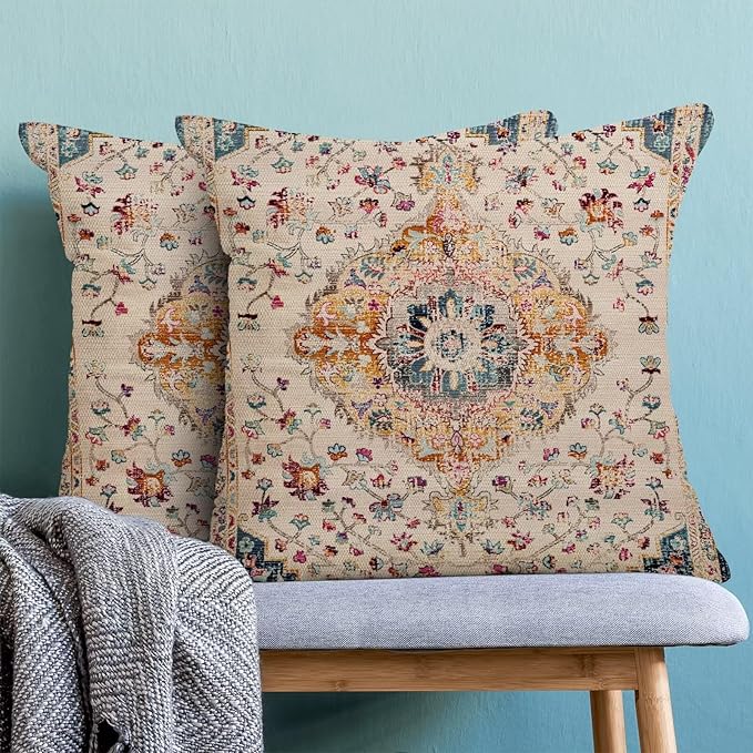 BETGINY Blue Orange Boho Throw Pillow Covers 16 x 16 Inch Pack of 2, Vintage Bohemian Carpet Pattern Decorative Pillow Cases Outdoor Ethnic Design Farmhouse Cushion Case for Home Sofa Decor