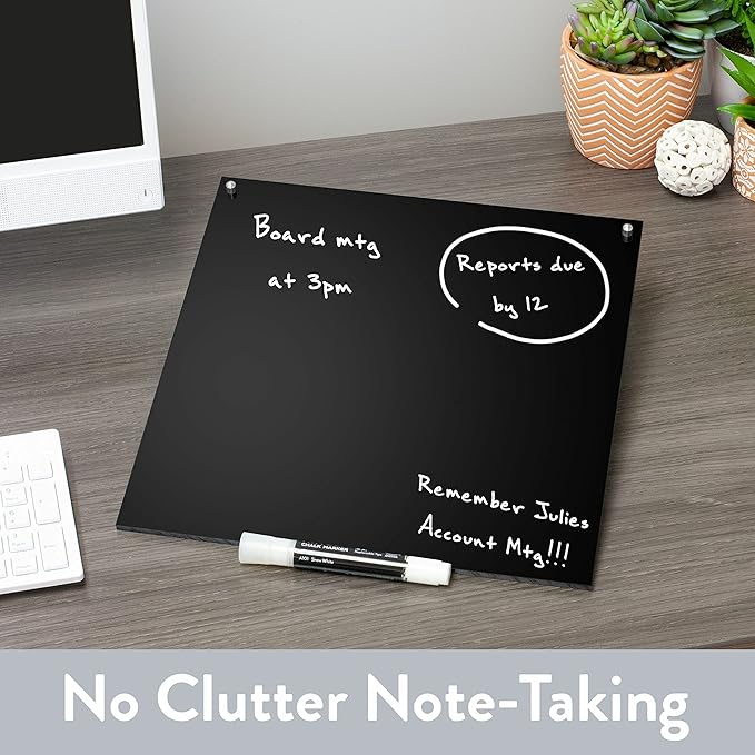 Desk Dry Erase Board with Erasable Marker | White, Black, Clear Acrylic Whiteboard Surface | Angled Writing Tablet | Personal Organizer with Daily Schedules | Weekly to-Do Lists (Black - 12x12)
