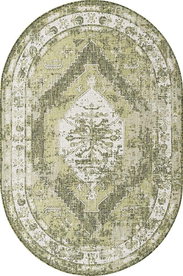 Unique Loom Outdoor Traditional Collection Area Rug - Valeria (5' 3" x 7' 10" Oval, Green/ Light Green)