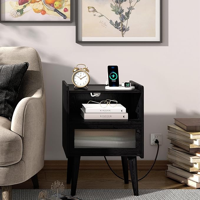 Nightstand with Charging Station, Bedside Tables with Glass Decorative Door, Black Wood Grain End Table, Side Table with 2 Tiers Storage Space for Bedroom Living Room CAMLBZ07XE