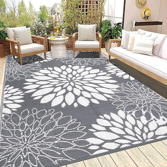 Ileading Reversible Outdoor Rug 6x9Ft Waterproof Patio Rug Carpet Portable Outdoor Plastic Straw Rug Large RV Camping Mat Rug for Patio, Clearance, Deck, Beach, Porch, Camping, Picnic, Flower Grey