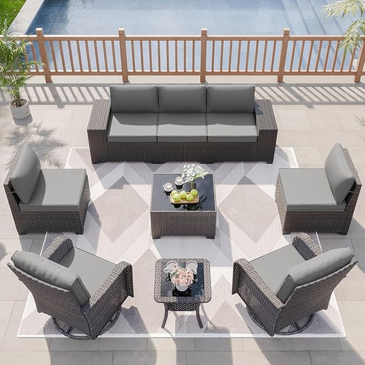 Kurapika 9 Pieces Patio Furniture Set, Rattan Sofa Set, Outdoor Conversation Sets w/Swivel Rocking Chairs Patio Sectional Sofa w/4 Inch Cushion, Grey