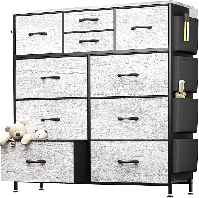 10 Drawer Dresser, Chest of Drawers for Bedroom, Fabric Dresser Drawers with Side Pockets, Hooks, Wooden Top and Sturdy Metal Frame for Living Room, Closet, Hallway (Oak Gray)