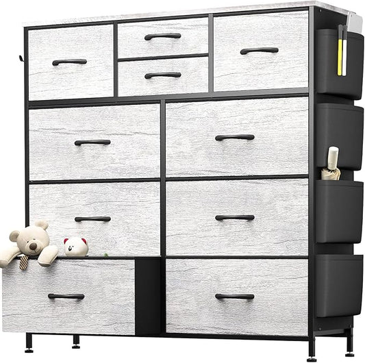 10 Drawer Dresser, Chest of Drawers for Bedroom, Fabric Dresser Drawers with Side Pockets, Hooks, Wooden Top and Sturdy Metal Frame for Living Room, Closet, Hallway (Oak Gray)