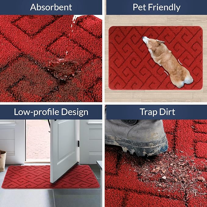 Walensee Indoor Doormat, Front Door Mat for Entrance (24"x35" Red) Machine Washable Entryway Rug, Non Slip Trapper Door Rugs Absorbent Dirt Low Profile Shoes Scraper Inside Floor Mats for Entry