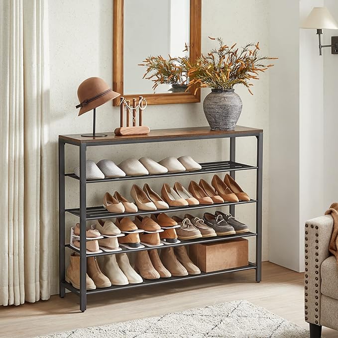 VASAGLE 5 Tier Shoe Rack for Closet, Entryway, 20-25 Pairs of Shoes, Large Shoe Organizer with 4 Metal Mesh Shelves, 11.8 x 47.2 x 36.4 Inches, Rustic Brown and Black ULBS205B01