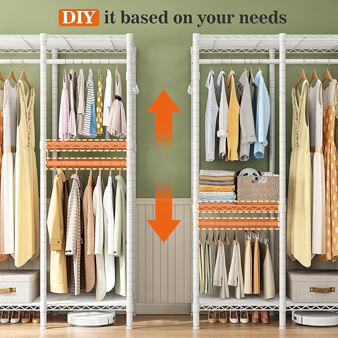 Raybee Clothes Rack Heavy Duty Clothing Racks for Hanging Clothes Loads 1100LBS, Garment Rack Freestanding for Bedroom, 75" H x 75" W x 15.7" D, White