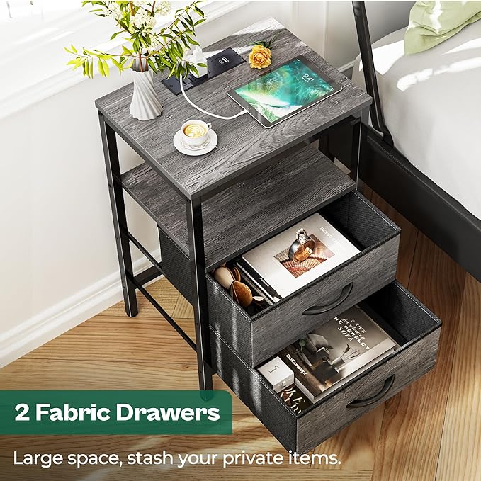 Huuger Nightstand with Charging Station, Fabric Drawers, End Table with Open Shelf, Bedside Table with USB Ports and Outlets, Night Stand for Bedroom, Gray