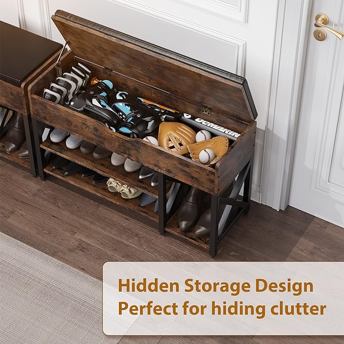 Shoe Bench, Lift Top Shoe Storage Bench, Adjustable Shelf Entryway Bench, Metal and Wood Shoe Rack Organizer with Cushion for Entry, Closet, Living Room, Bedroom, Hallway (Brown, 39.5“W)