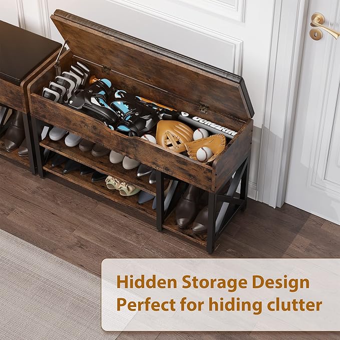Shoe Bench, Lift Top Shoe Storage Bench, Adjustable Shelf Entryway Bench, Metal and Wood Shoe Rack Organizer with Cushion for Entry, Bedroom, Closet, Living Room, Hallway (Brown, 35.5“W)