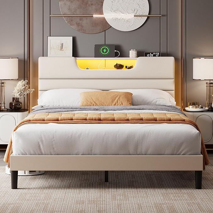 Queen Size Bed Frames with Upholstered Headboard, Modern Platform Bed with Charging Station and Led Lights, Bed Frame with Sturdy Wooden Slats/No Box Spring Needed/2-Tier Storage, Beige