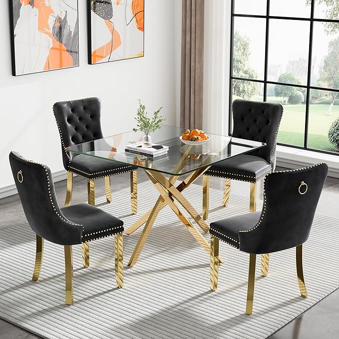 Goujxcy 5 Piece Glass Dining Table Set Modern Small Glass Dining Table Set for 4, 35.43" Square Kitchen Table and 4 Velvet Upholstered Chairs for Kitchen Dining Room, Gold & Black