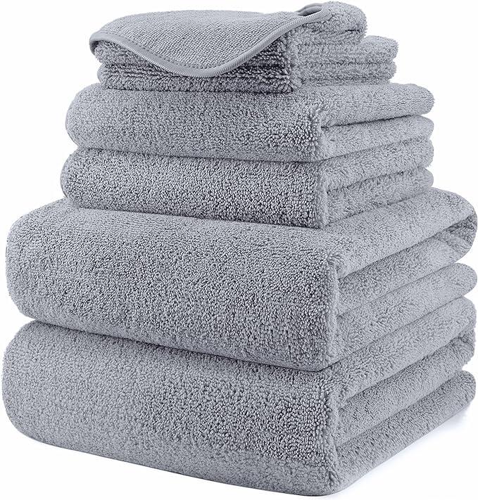POLYTE Oversize, 60 x 30 in., Quick Dry Lint Free Microfiber Bath Towel Set, 6 Piece (Gray)
