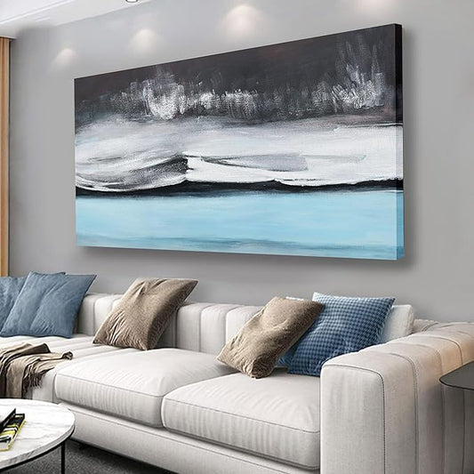 Abstract Wall Art Black White and Blue Canvas Art Wall Decor Modern Art Wall Decor Painting Framed Artwork Abstract Canvas Wall Art for Living Room Bedroom Office 29"x58"