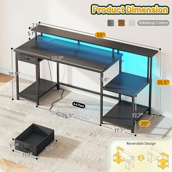 55" W Gaming Desk, Computer Desk with LED & Power Outlet, Office Desk with Printer Storage Shelves & Storage Drawer, Study Table with Monitor Shelf, Dorm Room Essentials, Black