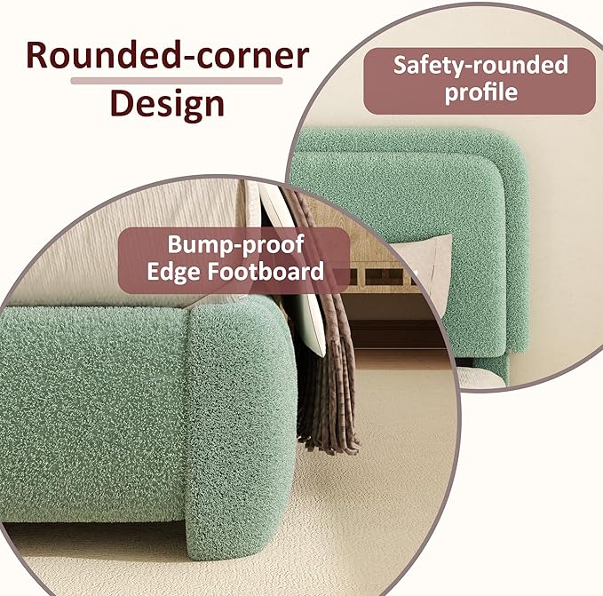 King Boucle Platform Bed Frame with Height Adjustable Headboard, Modern Upholstered Cloud Bed, Sleek Curved Design, No Box Spring Needed, Easy Assembly, Noise Free, Green