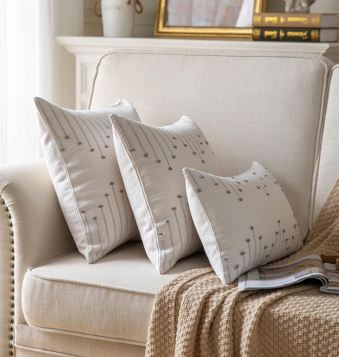 Caflife Boho Throw Pillow Covers 20x20 Set of 2 Decorative Pillows for Bed, Neutral Pillow Covers Beige with Grey Line Throw Pillows for Modern Farmhouse Couch Sofa Living Room Outdoor