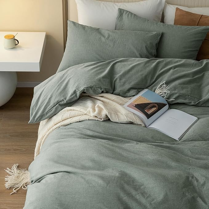 JIYUAN 100% Washed Cotton Duvet Cover Set 3 Pieces Super King, 1 Duvet Cover 108x98 Inches(Comforter Not Included) and 2 Pillowcases,Linen Feel Bedding Set Comfy and Breathable, Heathered Green