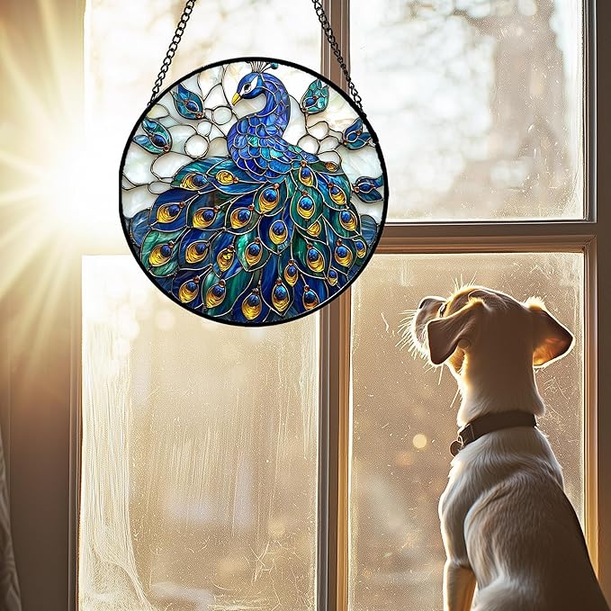 Stained Glass Window Hanging - Peacock Blue Gold Feathers Sun Catcher for Door Garden Home Decor Bird Suncatcher Christmas Mother's Day Birthday Gifts for Women Men Mom Nana 6.3 in