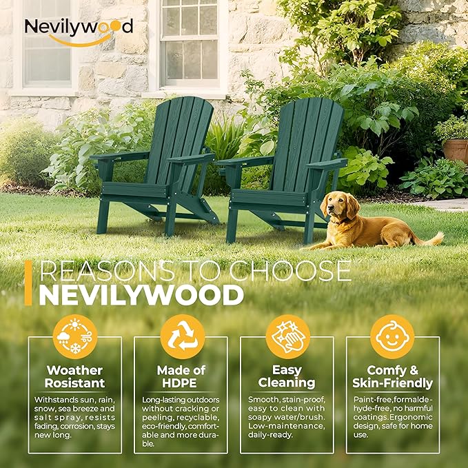 nevilywood Folding Adirondack Chair - Extended Ergonomic Backrest, Cup Holder - Easy Assembly - Durable HDPE Plastic, Weather Resistant & Maintenance-Free - Lawn, Patio, Deck Supports 380lbs,Green
