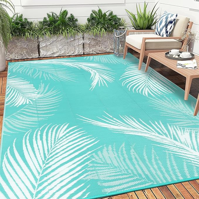 Pauwer Waterproof Outdoor Rug 8x10, Reversible Plastic Straw Patio Camping Rug, Indoor Outdoor RV Mat Carpet for Deck, Camper, Porch, Balcony, Backyard, Picnic, Leaf Light Blue