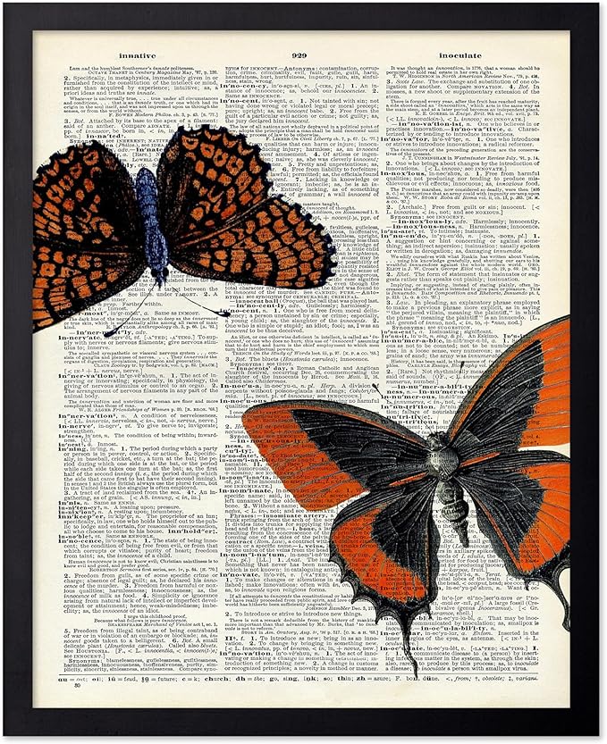 Poster Master Dictionary Art Poster - Butterflies Print - Moth Art - Butterfly Art - Insect Art - Gift for Men, Women & Animal Lover - Chic Decor for Living Room or Bedroom, 8x10 Black Framed
