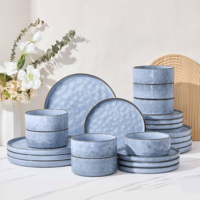 Herogo Dinnerware Sets for 8, 24 Pieces Ceramic Dishware for Kitchen Dinning, Stoneware Plates and Bowls Sets, Dishwasher & Microwave Safe, Haze Blue