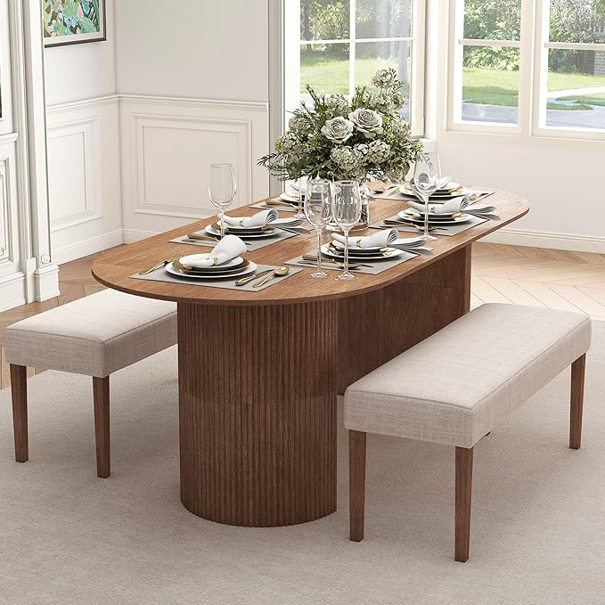 LIVINOVA Farmhouse Upholstered Dining Bench Seat Set of 2, 45" Linen Fabric Entryway Bench with Natural Wood Legs, Mid Century Modern End of Bed Bench for Kitchen Bedroom Living Room Hallway, Beige