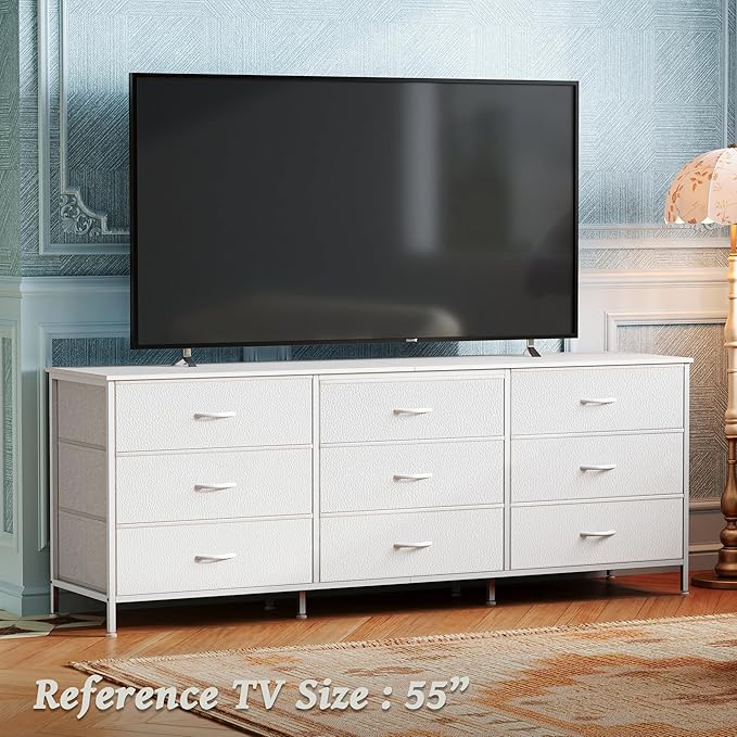 Huuger 63 Inch Dresser for Bedroom, Dresser for Closet with 9 Drawers, Large TV Stand for 55, 65, 70 Inch TV, Entertainment Center with Storage, Wide Long Chest of Drawers, White
