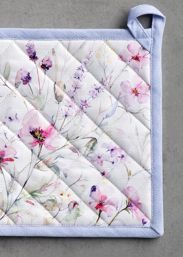 Maison d' Hermine Pot Holders Set 100% Cotton Heat Resistant Potholders 8" x 8" Hot Pads with Loop BBQ, Cooking, Baking, Grilling, Kitchen, Handling Hot Pans Spring/Summer (Pack of 2, Summer Floral)