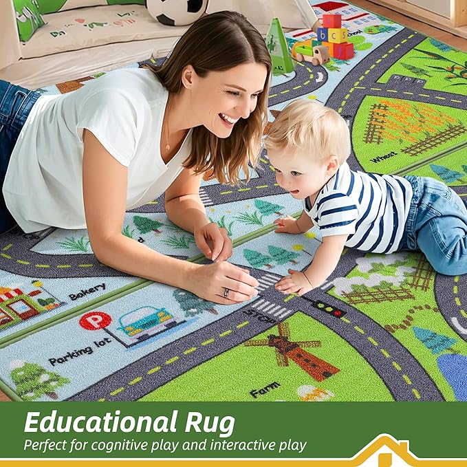 BEQHAUSE Kids Room Rug City Life 2pcs, 32”x60” Educational Road Traffic Kids Rug, Non Slip Washable Play Mat Carpets for Children's Bedroom Playroom Nursery Room Decor