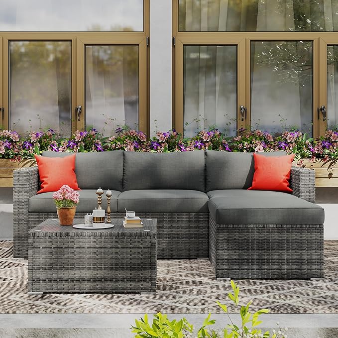 Wisteria Lane 5-Pieces Outdoor Patio Furniture Set, All Weather Wicker Rattan Sectional Sofa Conversation Set with Cushions & Glass Coffee Table for Backyard Porch Garden Balcony, Grey