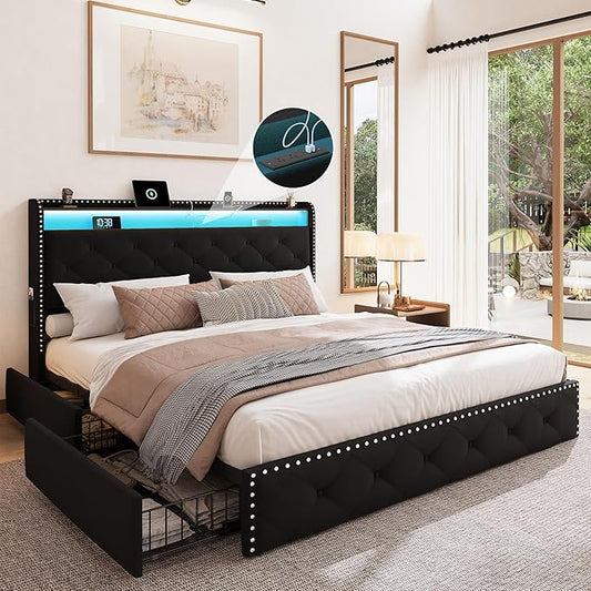 BRELTAM Black Queen Size Bed Frame with LED Light and Charging Station,Upholstered Velvet Tufed Bed Frame with 4 Storaged Drawers Platform Bed Frame with Headboard Heavy Duty Wood Slats, Noise Free