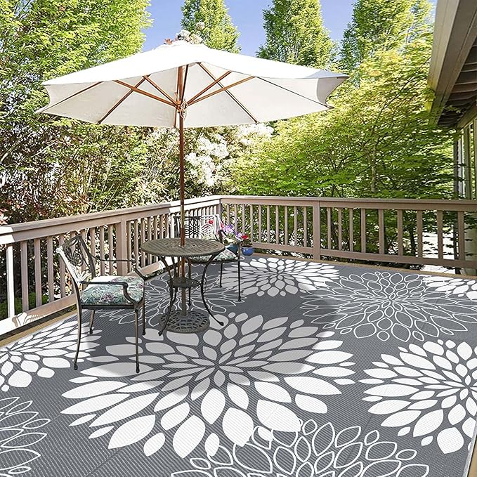 Ileading Reversible Outdoor Rug 9x12Ft Waterproof Patio Rug Carpet Portable Outdoor Plastic Straw Rug Large RV Camping Mat Rug for Patio, Clearance, Deck, Beach, Porch, Camping, Picnic, Grey