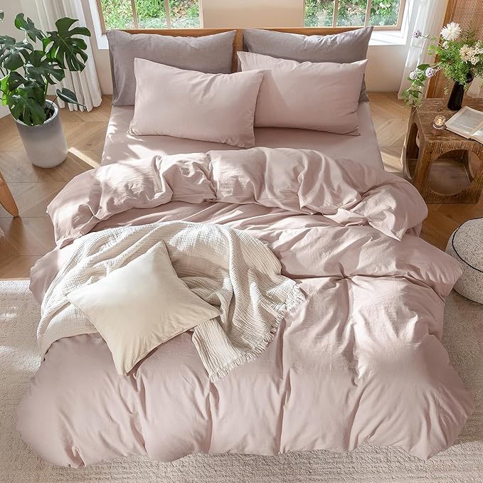 MooMee Bedding Duvet Cover Set 100% Washed Cotton Linen Like Textured Breathable Durable Soft Comfy (Heathered Greyish Pink, Palatial King/Oversized King 120"x98")