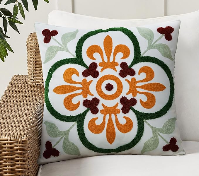 Merrycolor Boho Decorative Throw Pillow Cover 18x18 Colorful Embroidered Pillow Covers Textured Aesthetic Pillow Cases Bohemian Modern Farmhouse Pillow Covers for Couch Bed,1PC