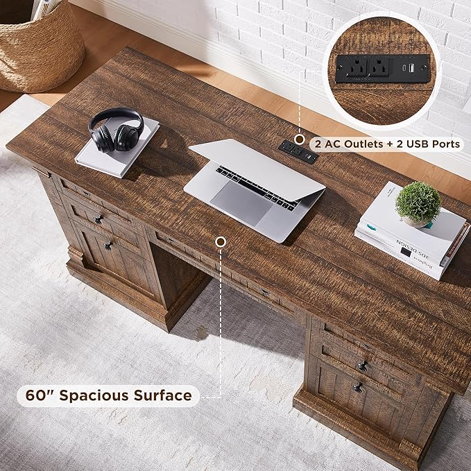 OKD 60" Executive Desk with Drawers, Farmhouse Home Office Desk with Charging Station, Keyboard Tray, File Cabinet Storage, Wood Computer Desk for Work and Study, Reclaimed Barnwood